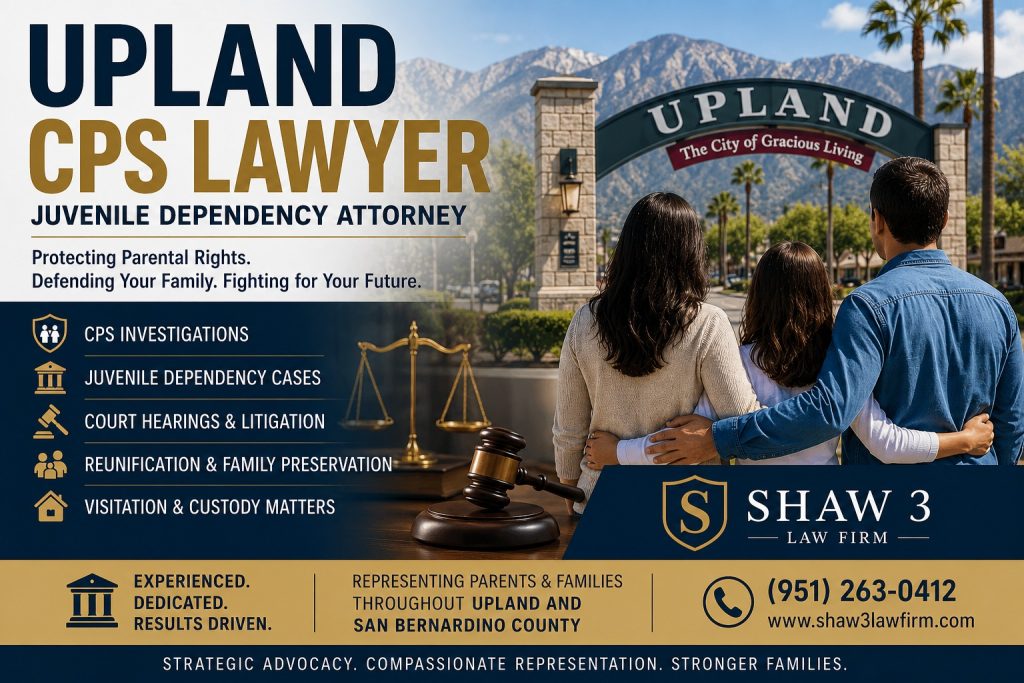 Upland CPS Lawyer and Juvenile Dependency Attorney helping parents facing Child Protective Services (CPS) investigations and juvenile dependency cases in San Bernardino County.
